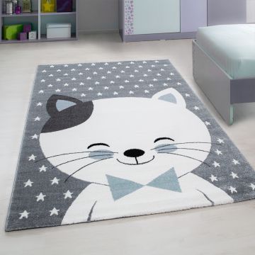 Kids Chaton tapis chambre d'enfant poils ras rectangle 80x150cm bleu