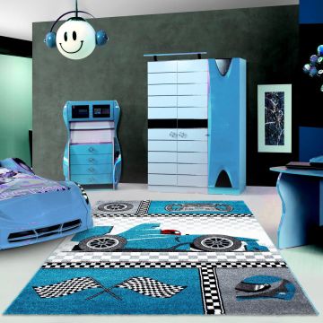 Kids Race Course Formula 1 Voiture tapis chambre d'enfant poils ras rectangle 80x150cm bleu