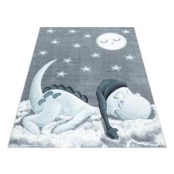 Bambi Dinosaure Endormi tapis chambre d'enfant poils ras rectangle 120x170cm bleu 