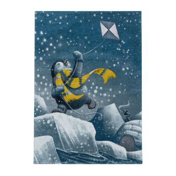 Funny Manchot tapis chambre d'enfant poils ras rond Ø 120cm bleu