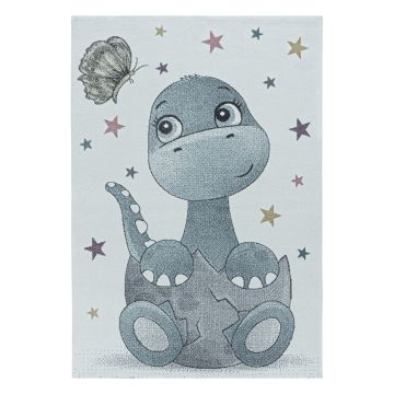 Funny Dino tapis chambre d'enfant poils ras rectangle 200x290cm bleu