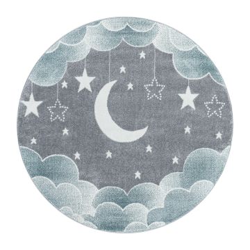 Funny Lune et Étoile tapis chambre d'enfant poils ras rond Ø 160cm bleu