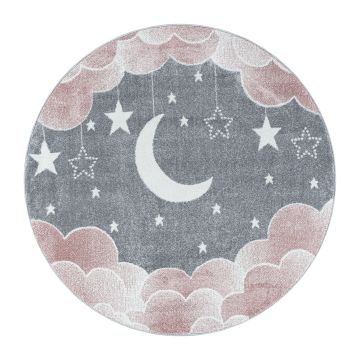 Funny Lune et Étoile tapis chambre d'enfant poils ras rond Ø 160cm roses