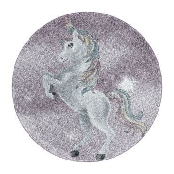 Funny Licorne tapis chambre d'enfant poils ras rond Ø 160cm violet