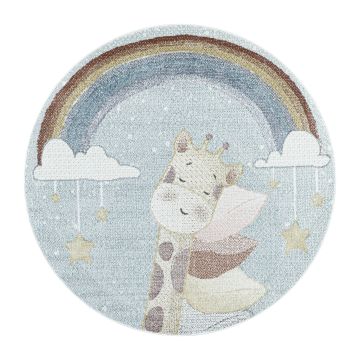 Lucky Girafe tapis chambre d'enfant poils ras rond Ø 160cm bleu