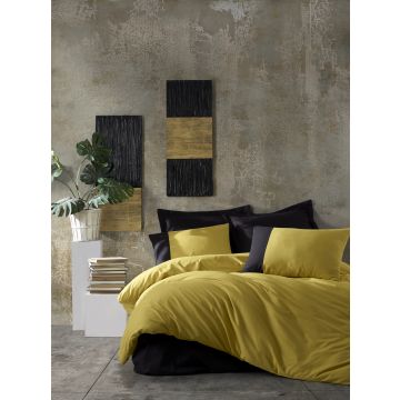 Cottonbox Plain Line ranforce çift kişilik nevresim takımı hardal/siyah
