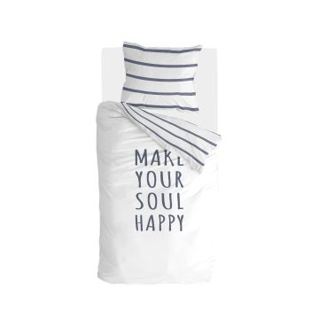 Happy Wake Up dekbedovertrek 135x200cm wit/blauw