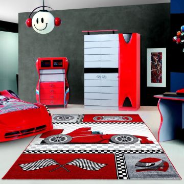 Kids Raceauto kinderkamer vloerkleed laagpolig rechthoek 80x150cm rood