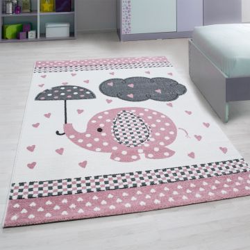 Kids Baby Olifant kinderkamer vloerkleed laagpolig rechthoek 80x150cm roze