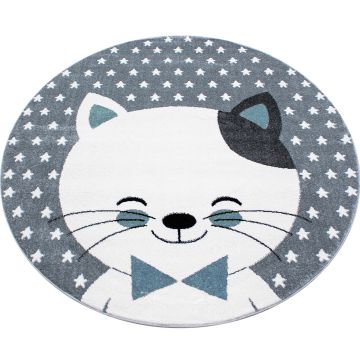 Kids Kitten kinderkamer vloerkleed laagpolig rond Ø 120cm blauw