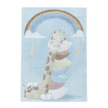 Lucky Giraffe baby kinderkamer vloerkleed laagpolig rechthoek 80x150cm blauw