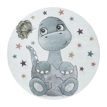 Funny Dino baby kinderkamer vloerkleed laagpolig rond Ø 160cm blauw